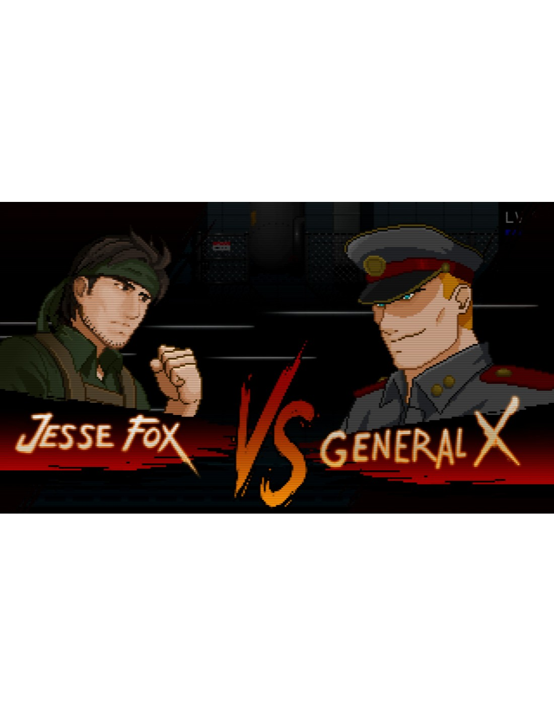 Escena de juego de lucha pixelada: Jesse Fox vs General X. Texto 'VS' en el centro.