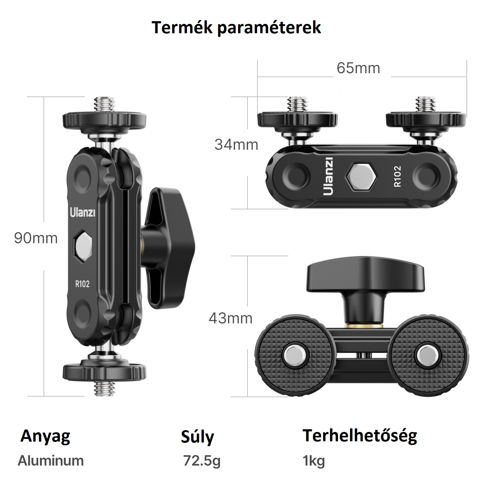 Fekete kameratartó méretekkel, beleértve a 90 mm-es hosszúságot.