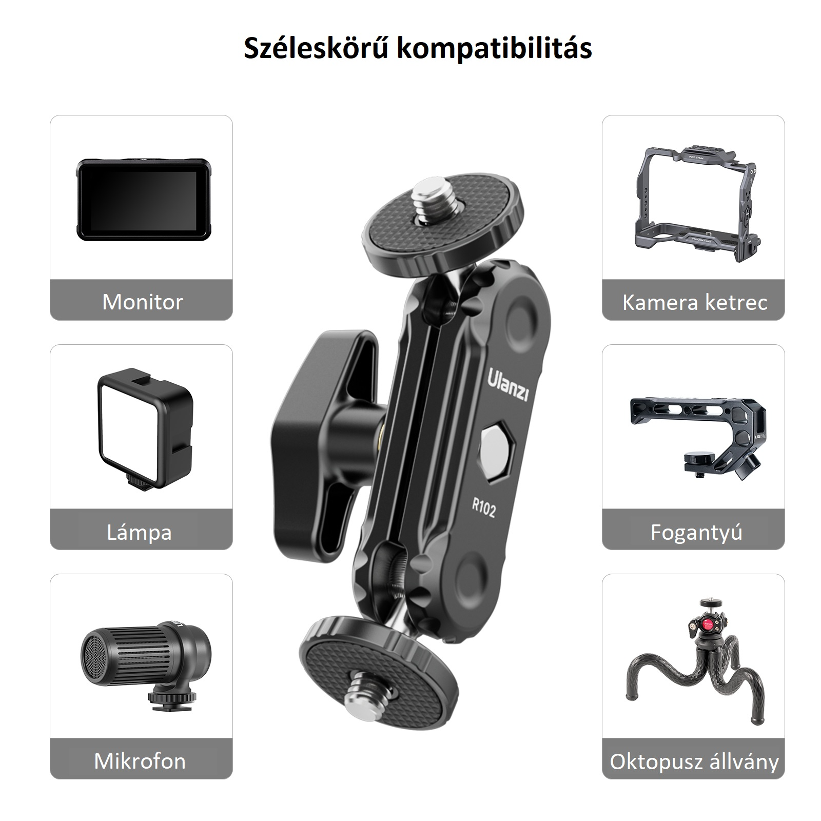 Kamera tartozékok rögzítőrendszere. Tartalmaz monitort, lámpát, mikrofont és állványt.