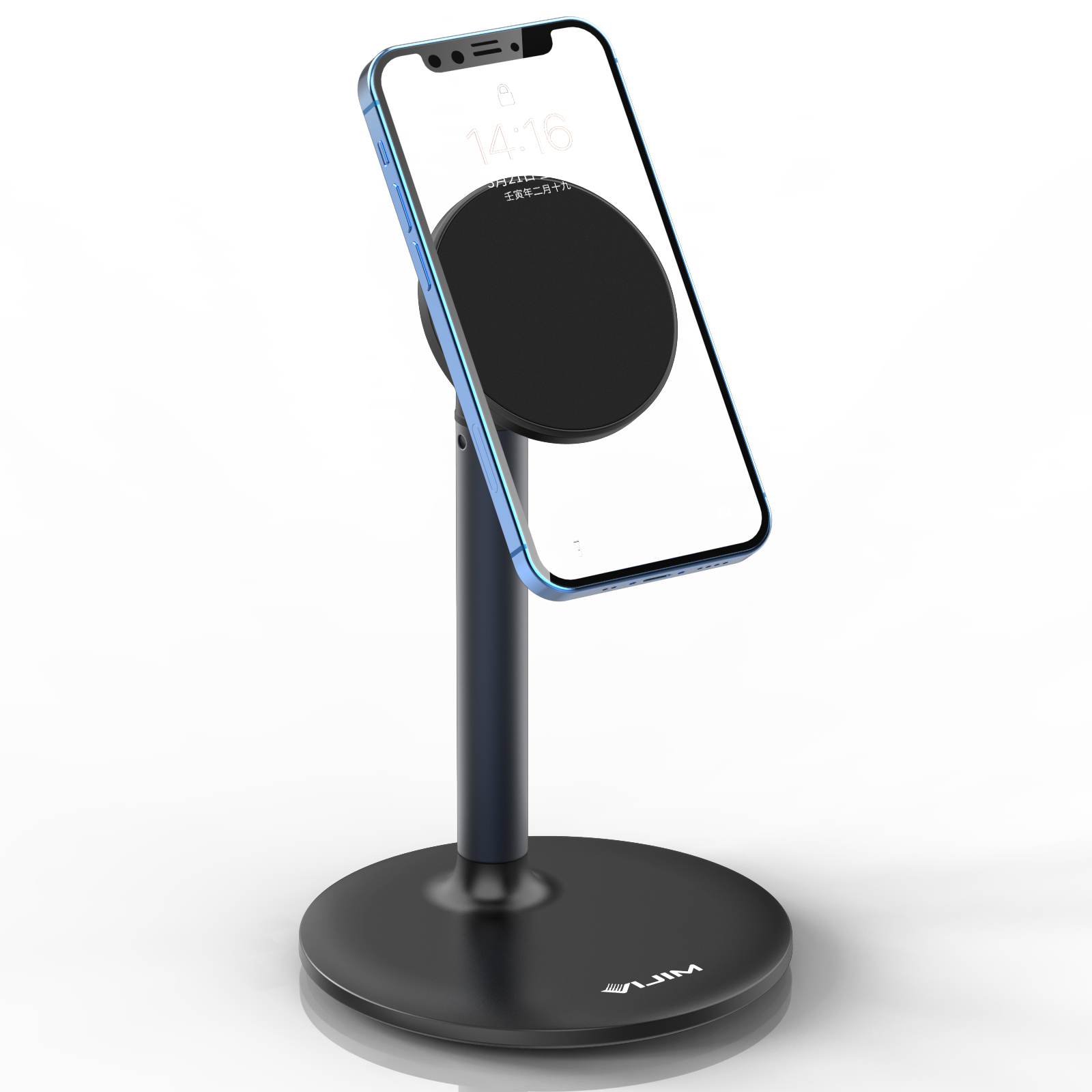 Egy fekete telefon egy állványra van szerelve. A telefon kék, és 14:16-ot mutat.