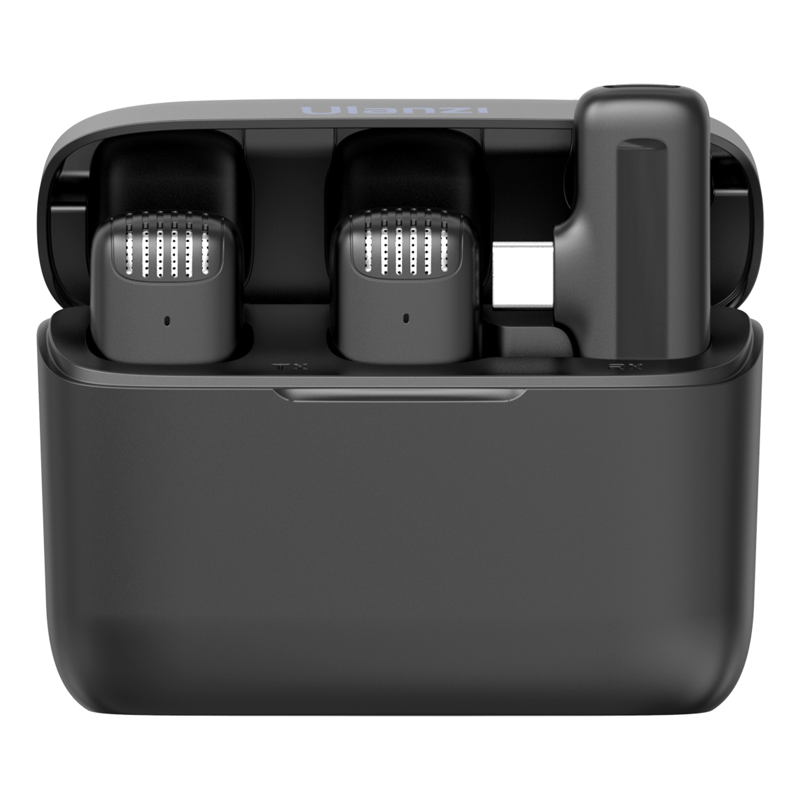 Fekete töltőtok két mikrofonnal és egy USB-C adapterrel.