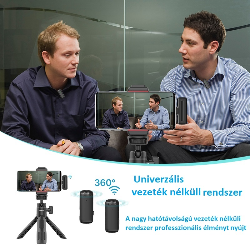 Két férfi egy felvételi környezetben, vezeték nélküli mikrofonrendszert használva, kiegészítő felszereléssel.