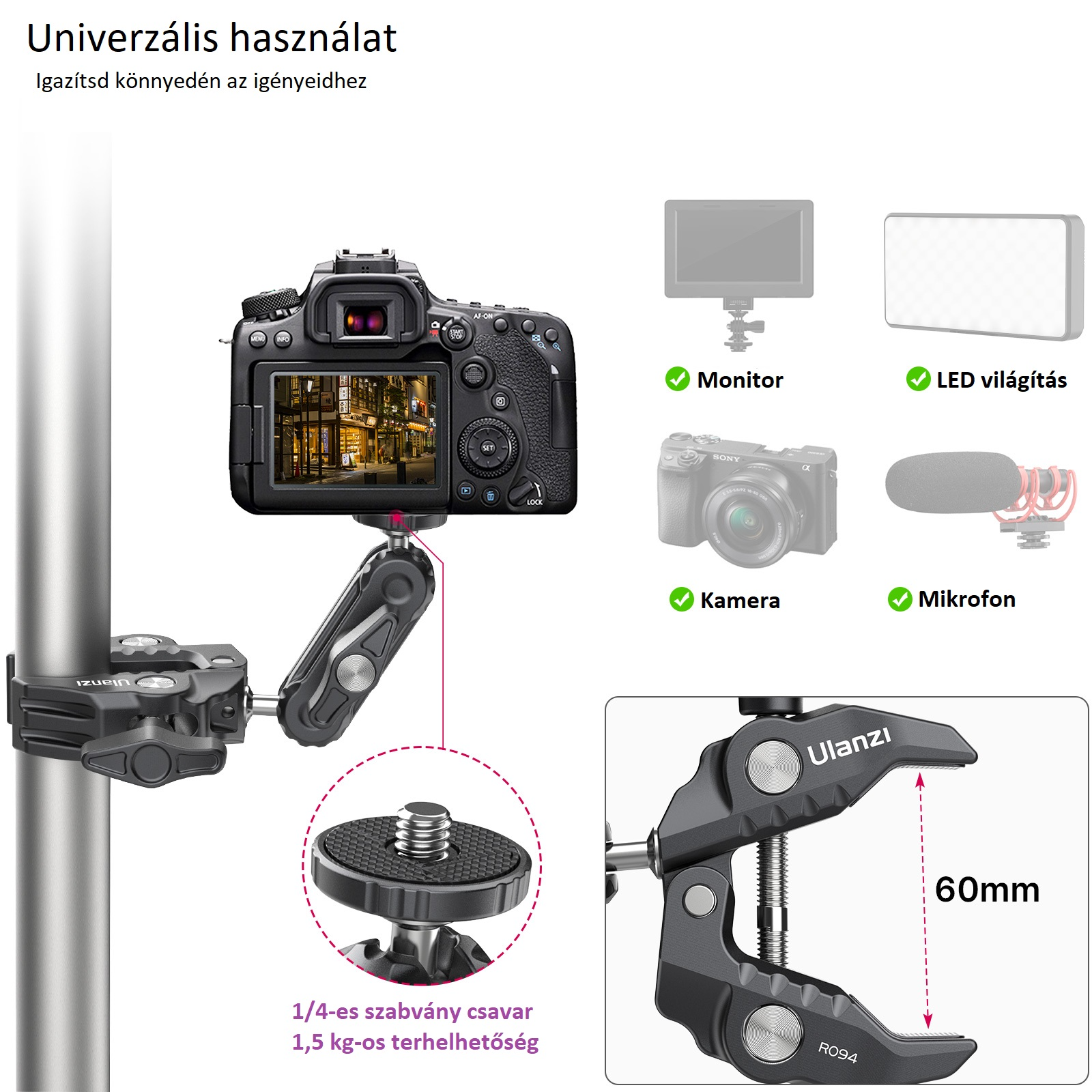 Kamera és tartozékok állványon, a rögzítőbilincs közeli képével. A szöveg azt mondja: 'Univerzális használat'.