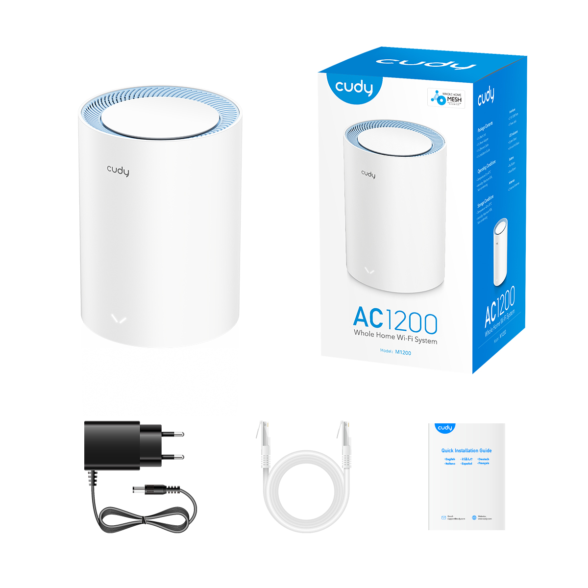 Egy fehér hengeres router és kiegészítők. Egy szöveges doboz is jelen van.
