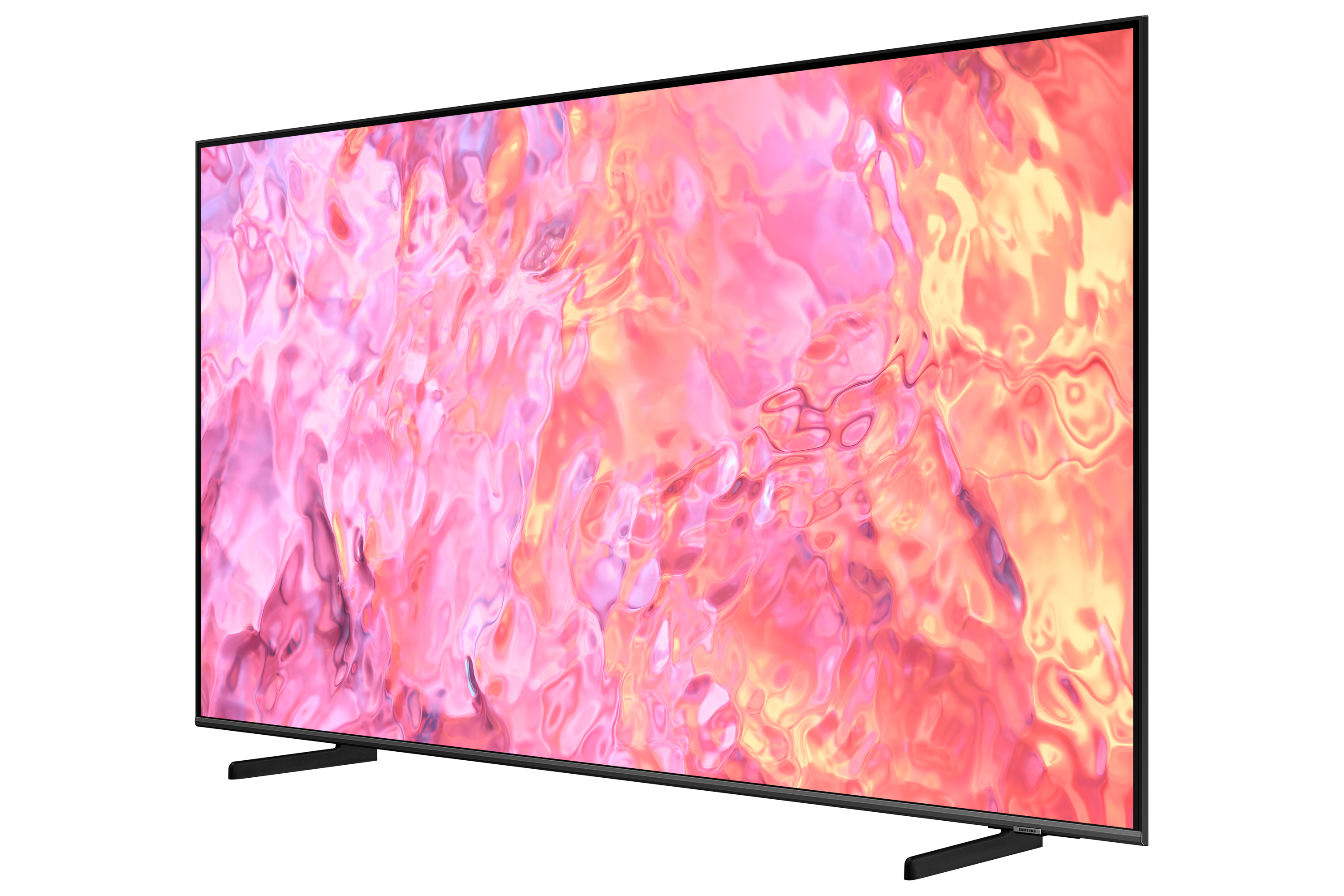 Großer, moderner Fernseher mit einem rosa und roten abstrakten Design auf dem Bildschirm.