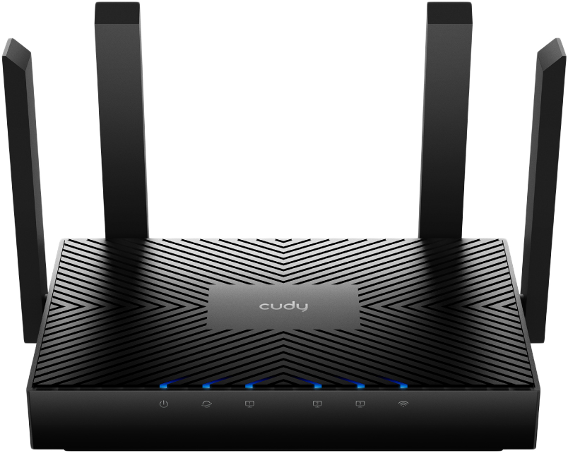 Fekete Cudy router 4 antennával és kék lámpákkal az alján.