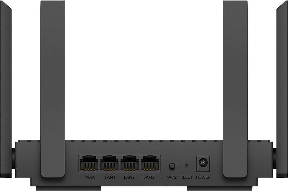 Fekete router több porttal és antennával, WAN, LAN1, LAN2, LAN3, WPS, RESET, POWER felirattal.