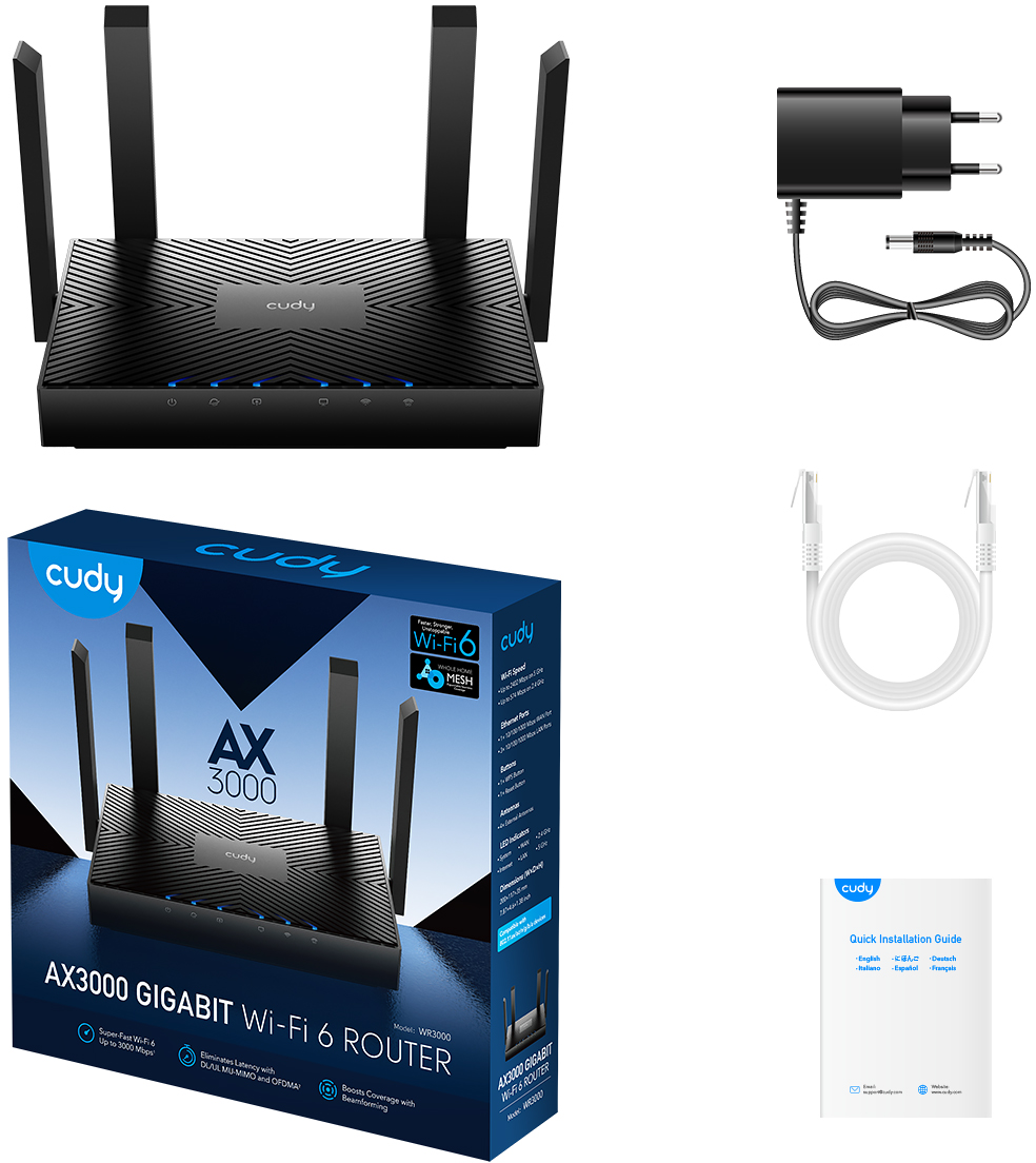Router, Wi-Fi 6. Fekete, antennákkal. Tartozékok: hálózati adapter, kábelek, útmutató.