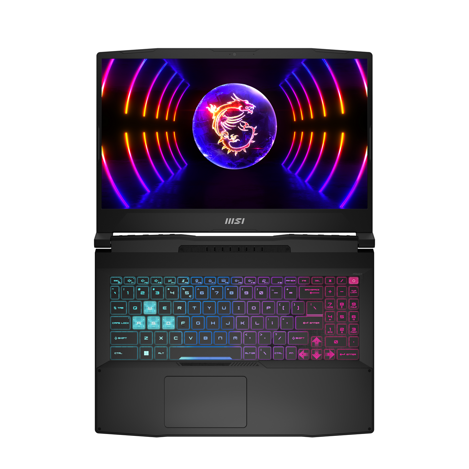 Portátil negro abierto, mostrando una pantalla y teclado coloridos. Logo MSI visible.
