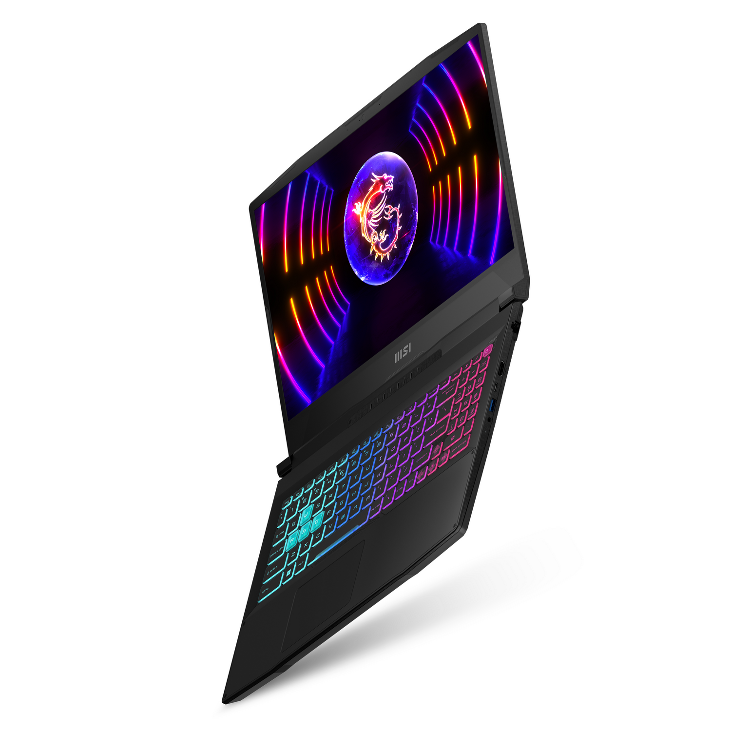 Portátil negro con teclado RGB y pantalla.