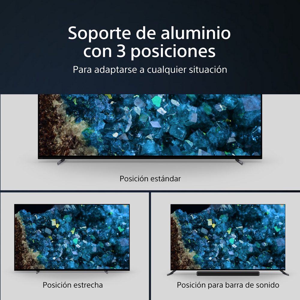 Tres imágenes de un televisor con diferentes soportes: estándar, posición estrecha y barra de sonido.