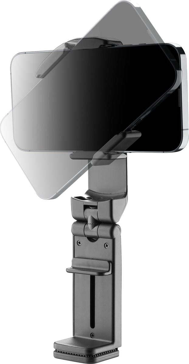 Ein schwarzer Telefonhalter, mit einem daran befestigten Telefon. Der Bildschirm des Telefons ist angewinkelt und der Hintergrund ist schwarz.