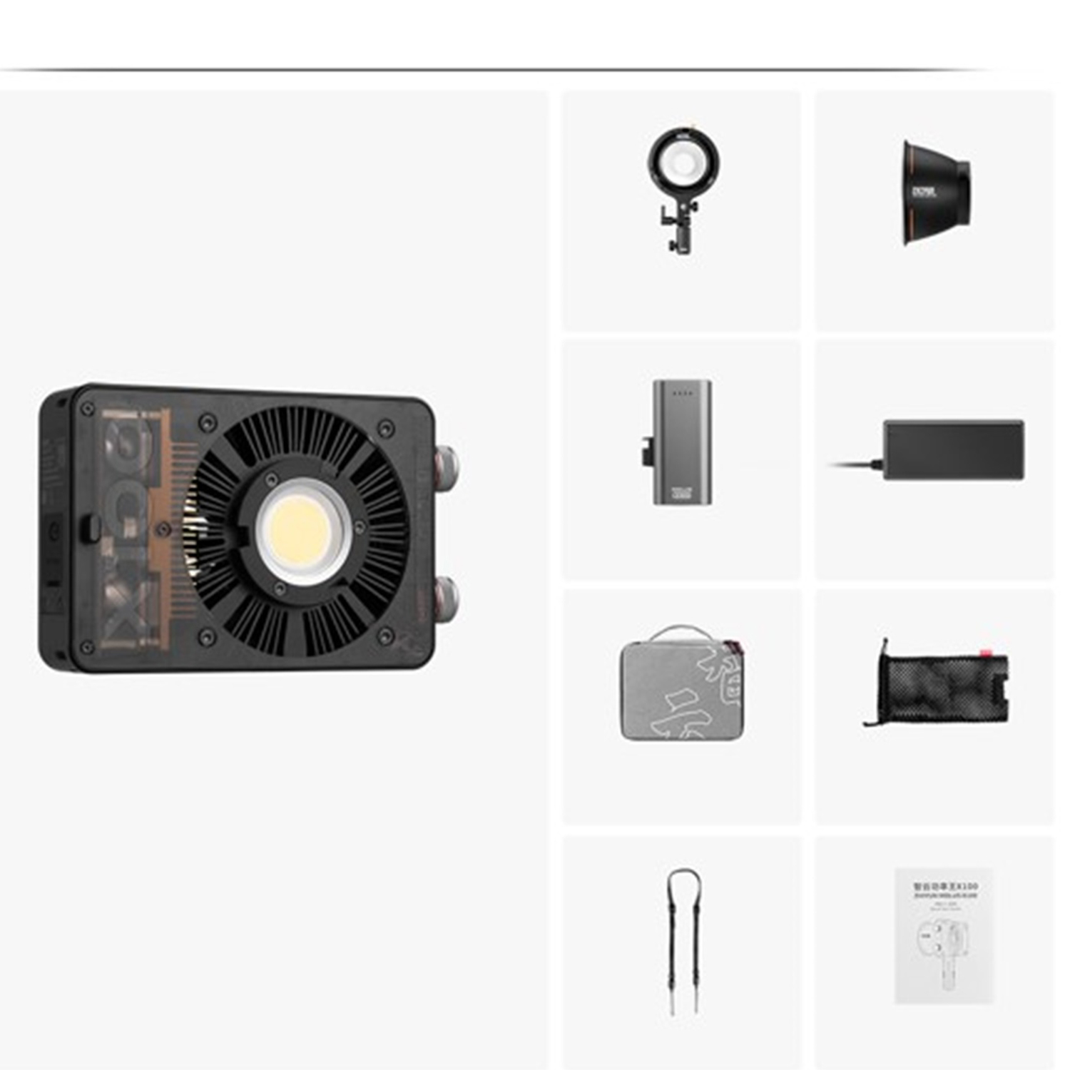 Vari componenti per l'illuminazione, tra cui una luce e accessori.
