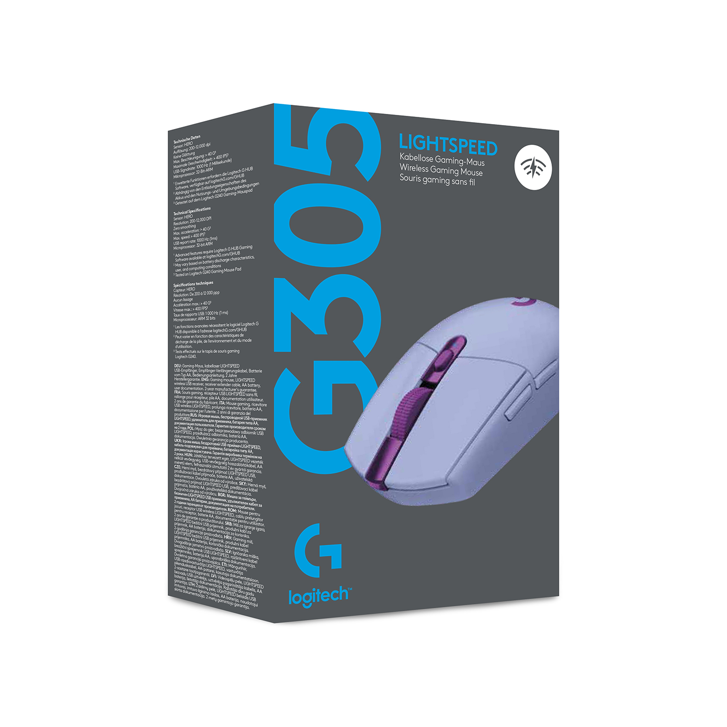 Eine Computer-Maus-Box mit einer lila Maus. Die Box trägt die Aufschrift 'G305 LIGHTSPEED Wireless Gaming Mouse'.