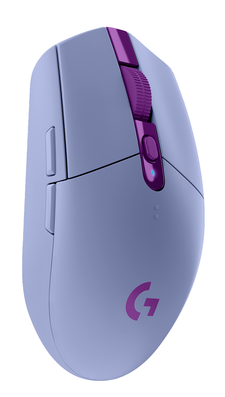 Lila-violette kabellose Gaming-Maus. Sie hat ein lilafarbenes Scrollrad und G-Logo.