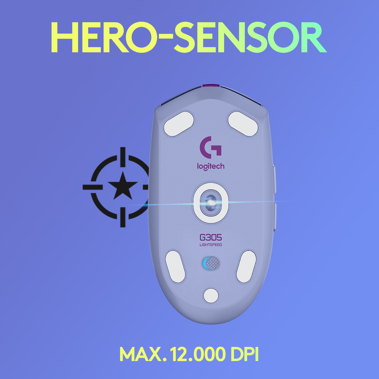 Eine hellviolette Logitech-Maus mit Zielsymbol und Text HERO-SENSOR, MAX. 12.000 DPI.