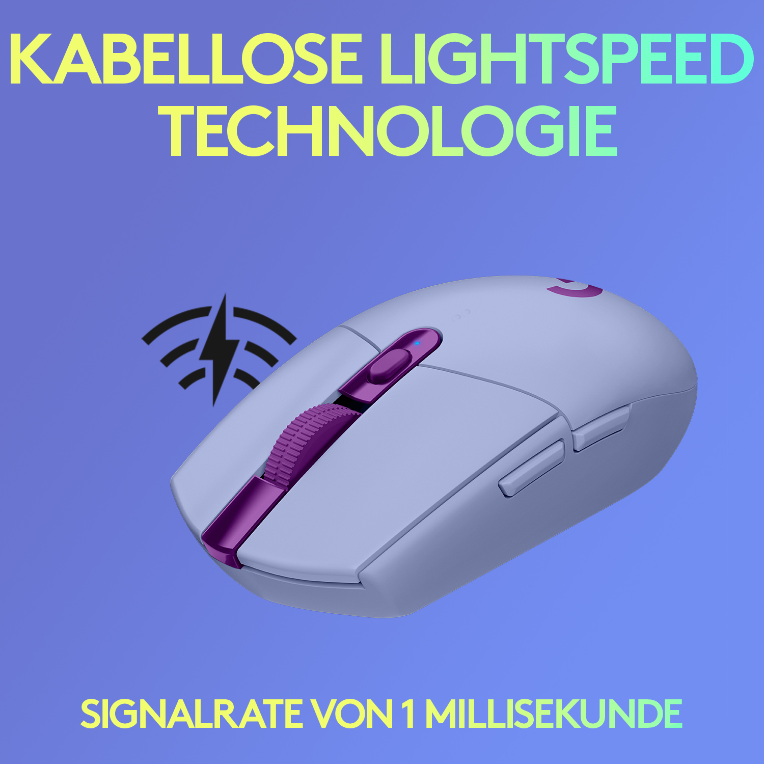 Eine hellviolette kabellose Maus mit lilafarbenen Akzenten, einem Rad, einem Logo und Text.
