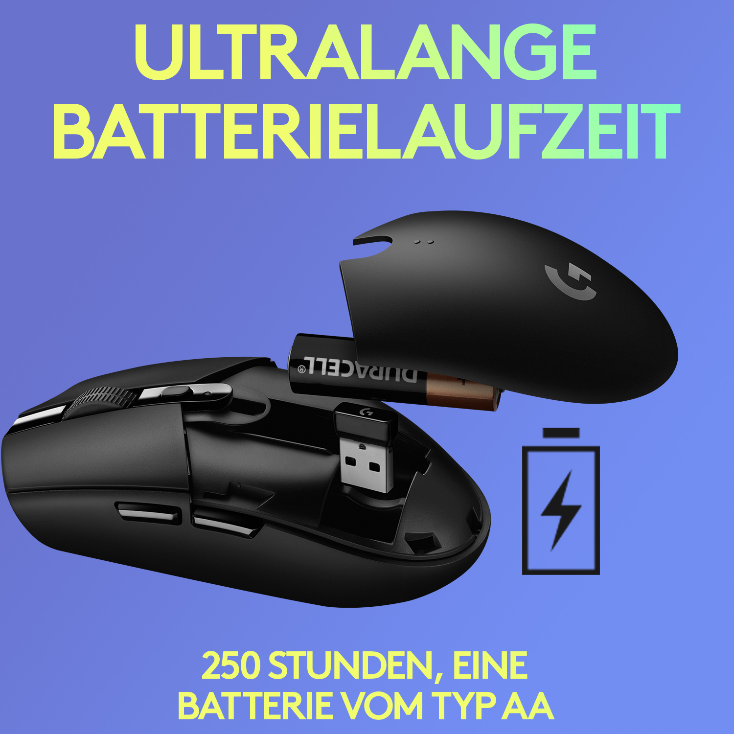 Schwarze kabellose Maus geöffnet, Batterie und Dongle zeigend, auf blauem Hintergrund.