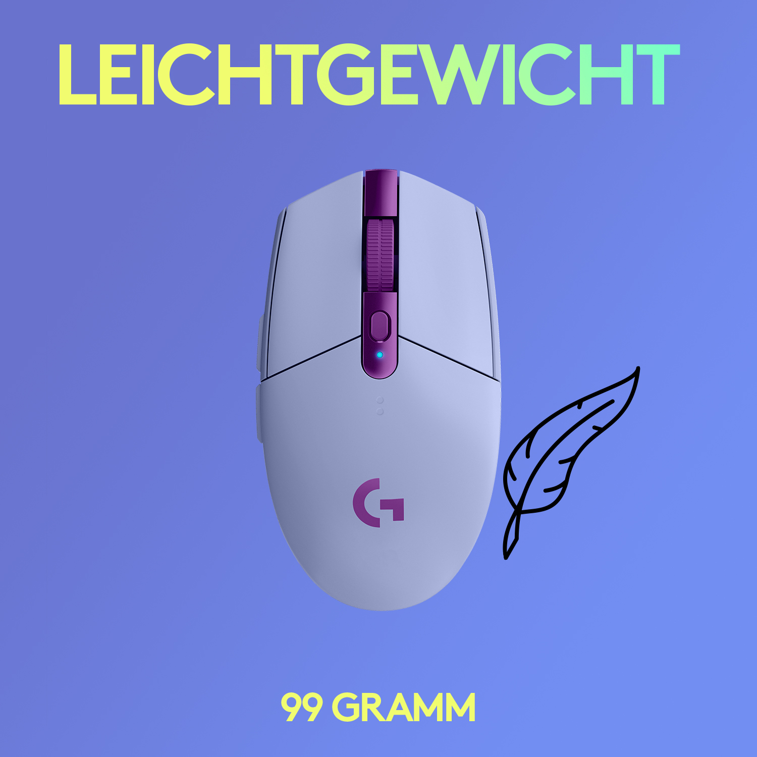 Eine weiße und lila Gaming-Maus mit Feder-Illustration auf blauem Hintergrund.