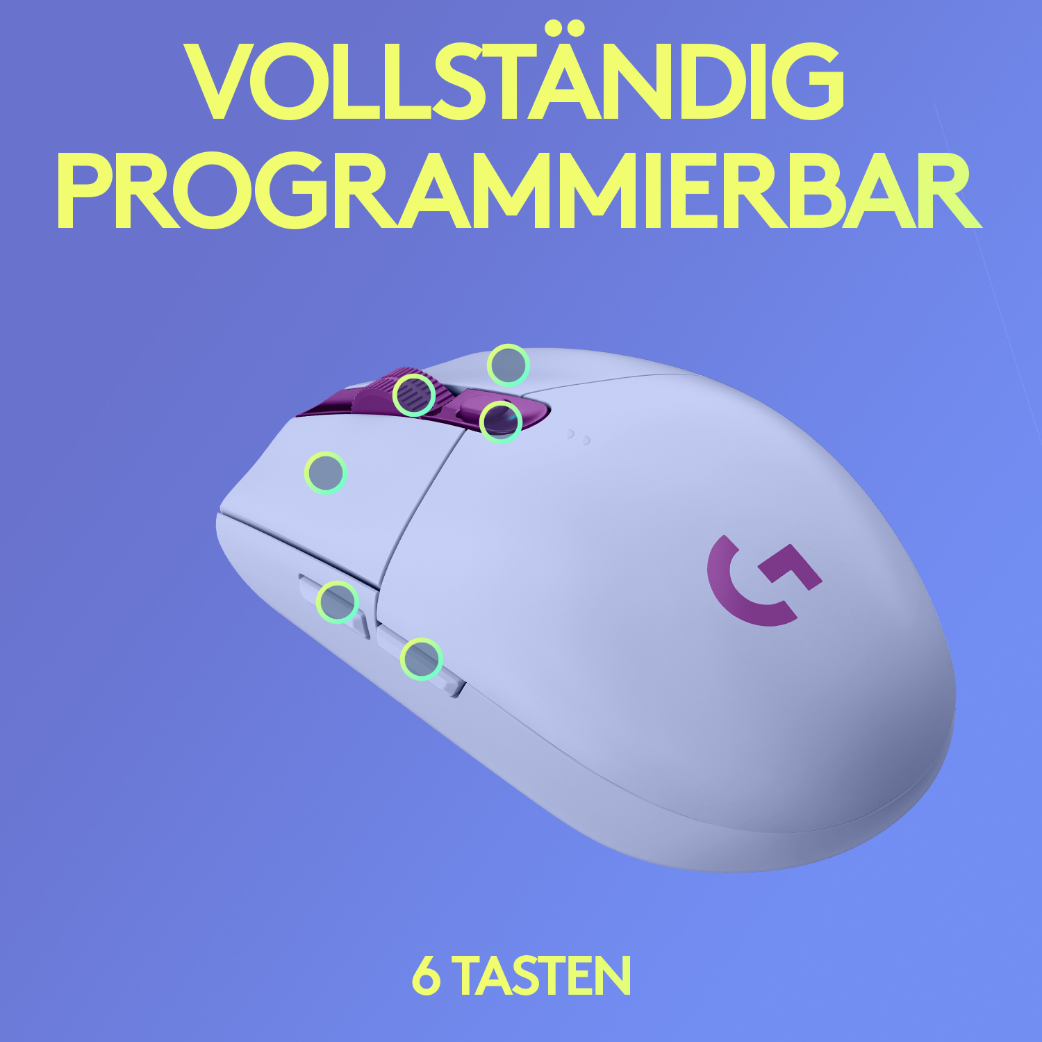 Weiße kabellose Maus mit mehreren Tasten und Logo auf lila Oberfläche.