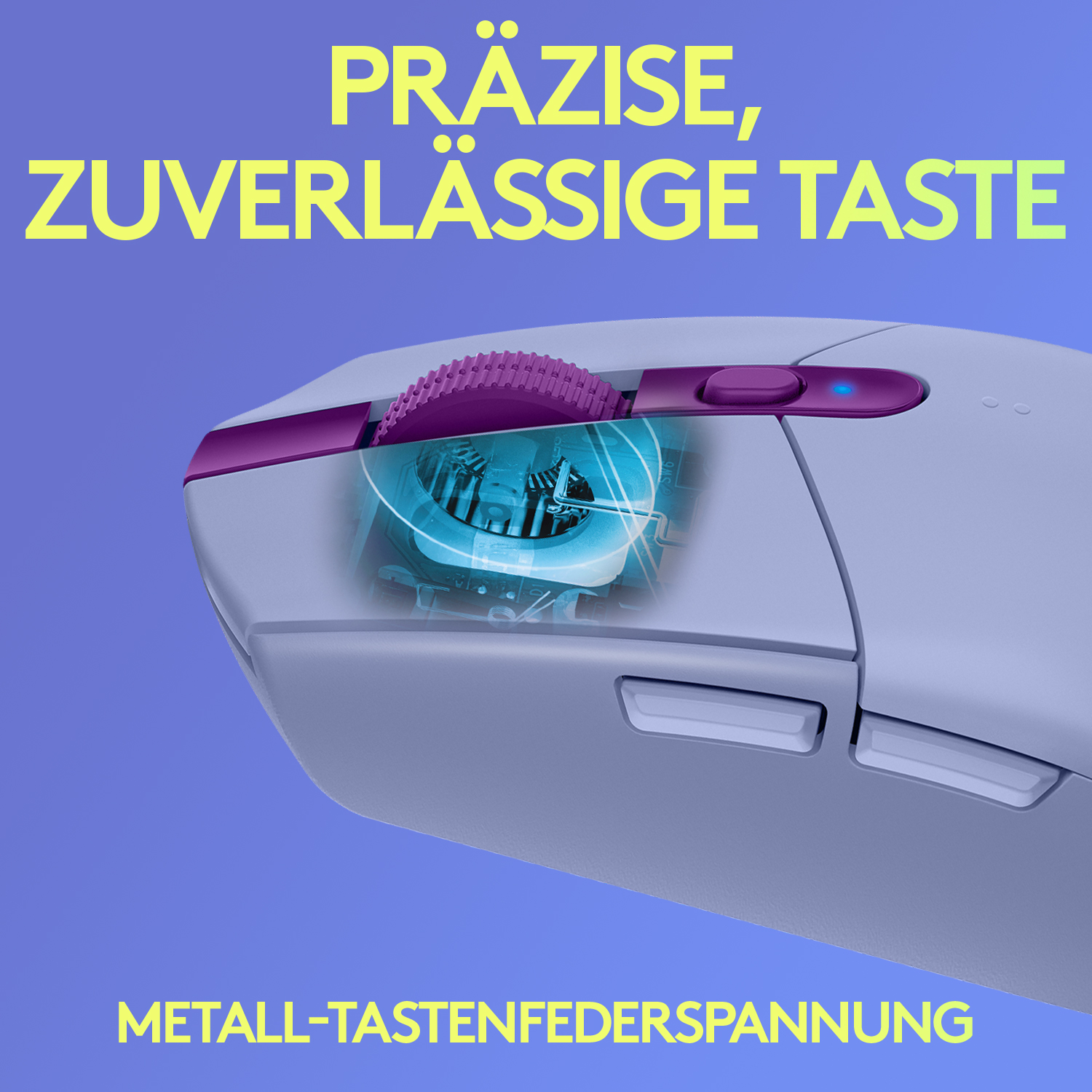 Nahaufnahme einer Maus mit Text 'PRÄZISE, ZUVERLÄSSIGE TASTE'.