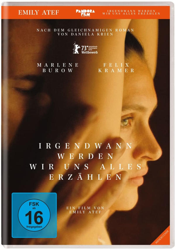 Filmcover: Zwei Gesichter. Titel: Irgendwann Werden Wir Uns Alles Erzählen. Ein weibliches Gesicht und ein verschwommenes männliches Gesicht.