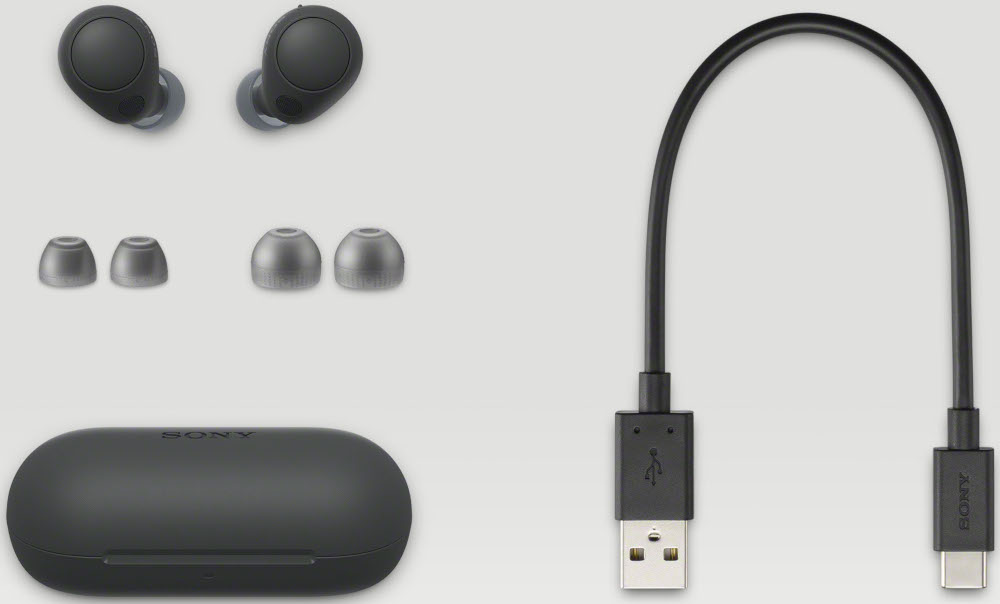 Écouteurs, étui de chargement et câble USB noirs, sur fond blanc.