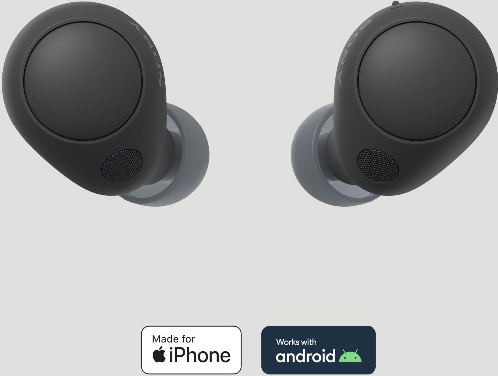 Deux écouteurs noirs avec des embouts gris, avec des étiquettes Made for iPhone et Android.