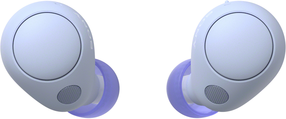 Deux écouteurs bleu clair avec embouts violets sur fond blanc.