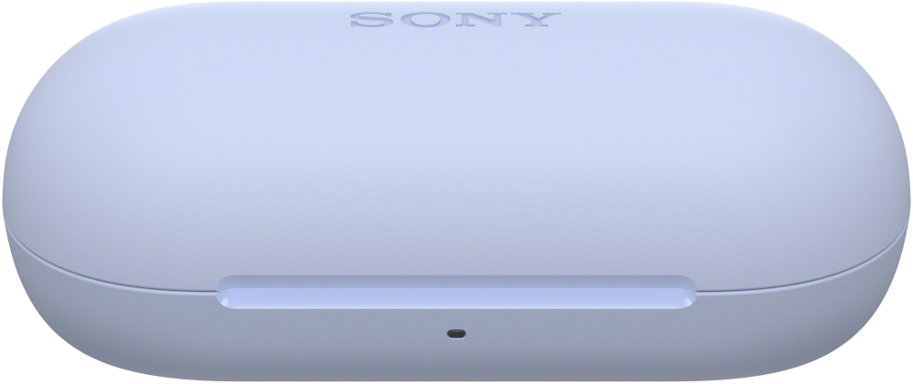 Un étui de chargement pour écouteurs Sony bleu clair sur fond blanc.
