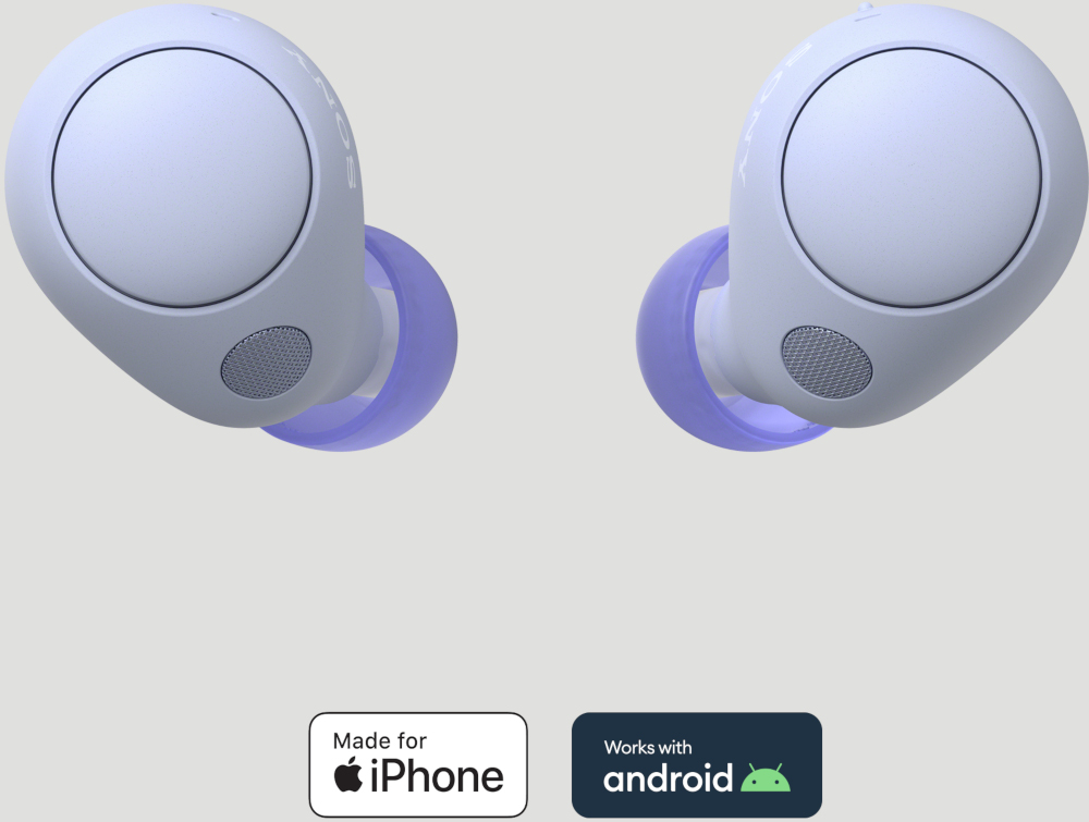 Écouteurs sans fil, bleu clair, avec logos iPhone et Android.