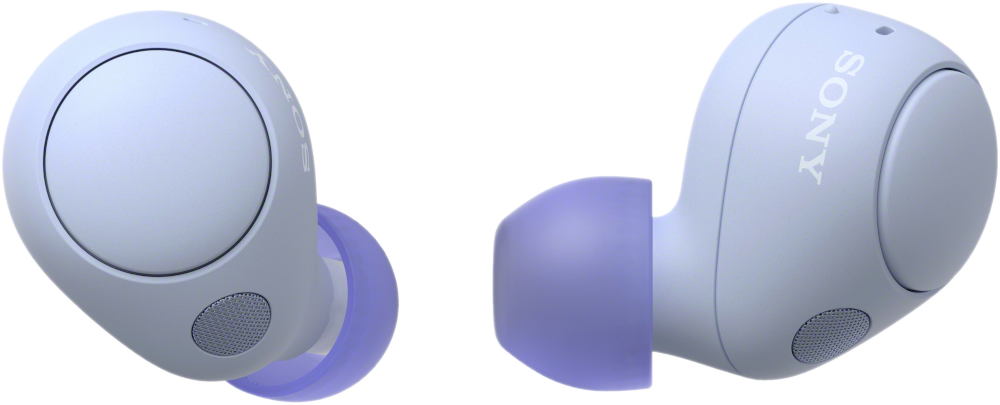Deux écouteurs Sony bleu clair, un montrant l'embout et l'autre le côté.