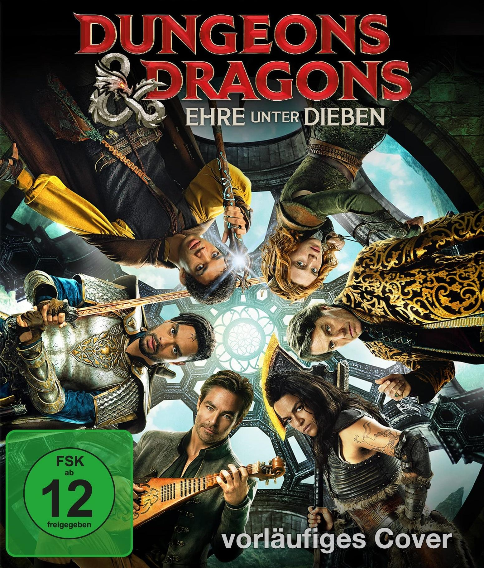 DVD-Cover: Dungeons & Dragons. Gruppe von Leuten mit Schwertern und einer Laute. Grüner Hintergrund.