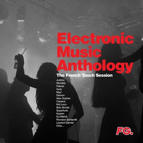 Albumhoes van Electronic Music Anthology. Silhouetten van mensen in een club met rode tekst en een logo.
