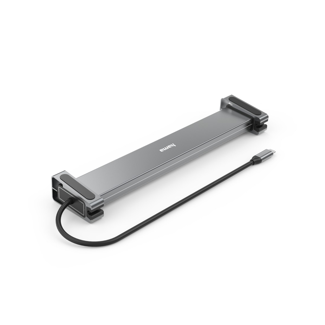 Ein grauer USB-C-Multiport-Adapter mit schwarzem Kabel. Das Hama-Logo ist sichtbar.