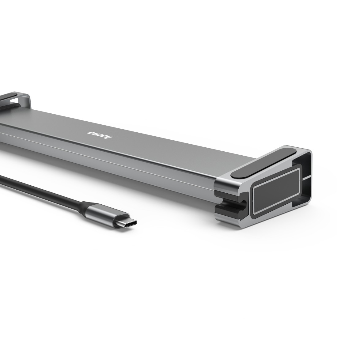 Ein silberner und schwarzer Tablet-Ständer mit einem USB-C-Kabel.