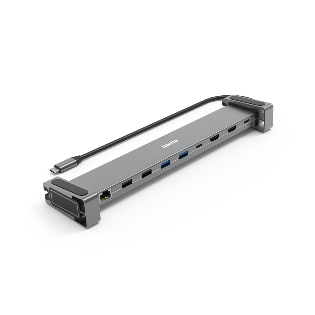 Grauer Hama USB-C-Multiport-Adapter mit verschiedenen Anschlüssen, schräg auf weißer Oberfläche.