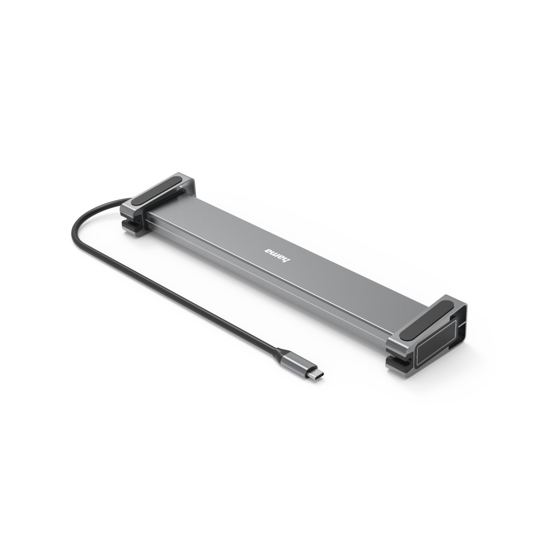 Silberner USB-C-Hub mit schwarzem Kabel und schwarzen Gummipads.