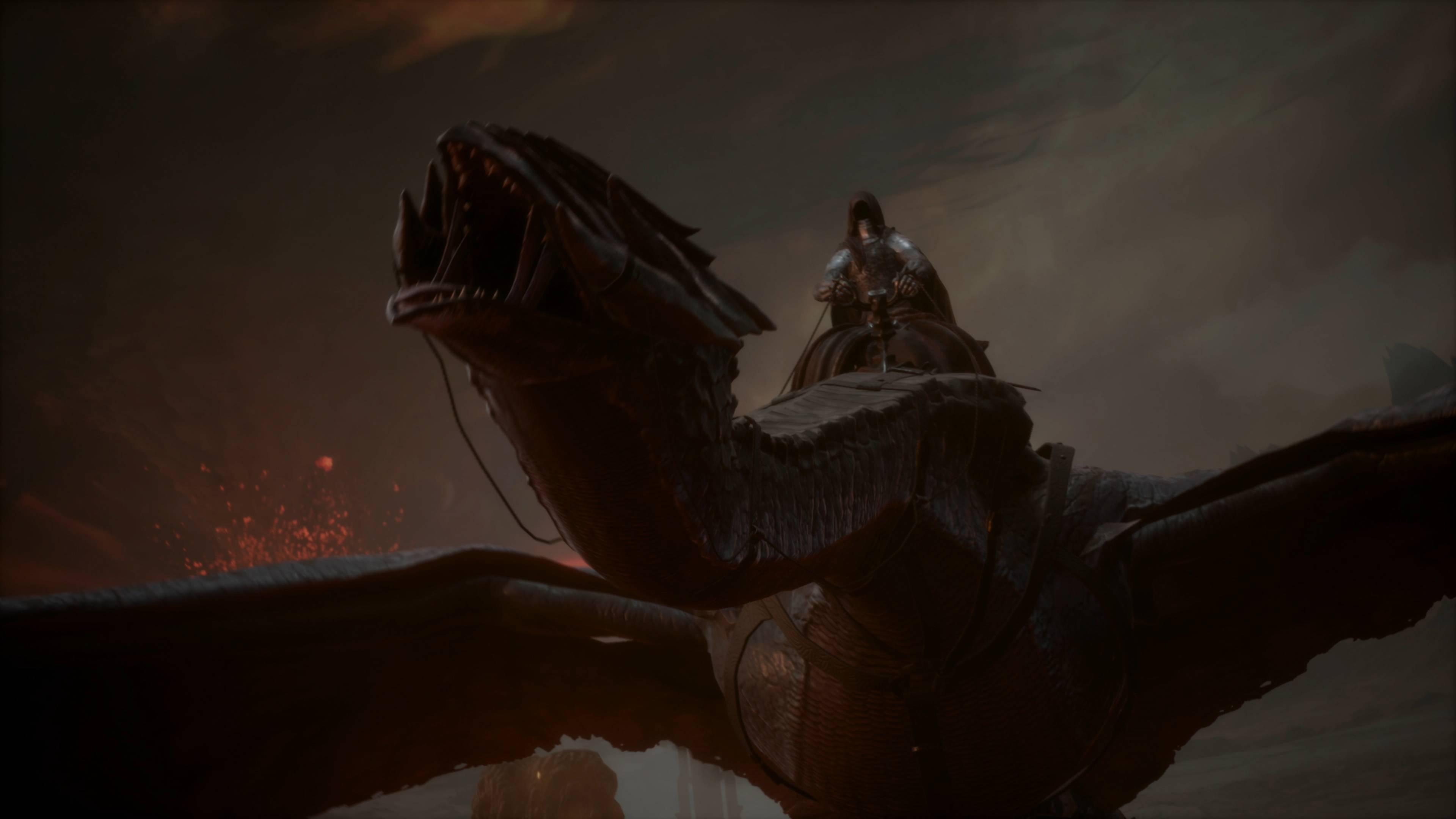 Eine Person auf einem Drachen, der über einer vulkanischen Landschaft fliegt. Der Himmel ist dunkel und die Szene dramatisch.