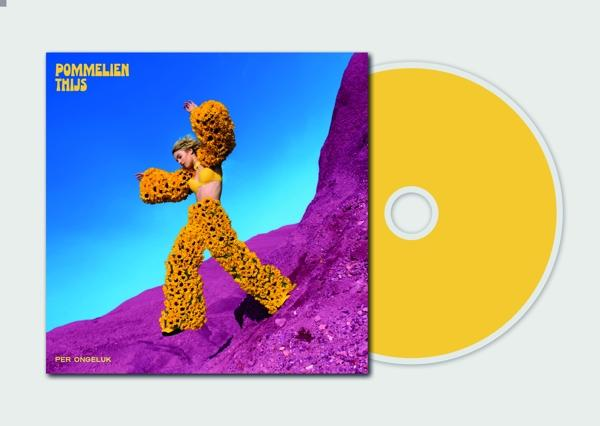 Album cover of Pommelien Thijs. Person in yellow outfit. CD is on the right, yellow.
