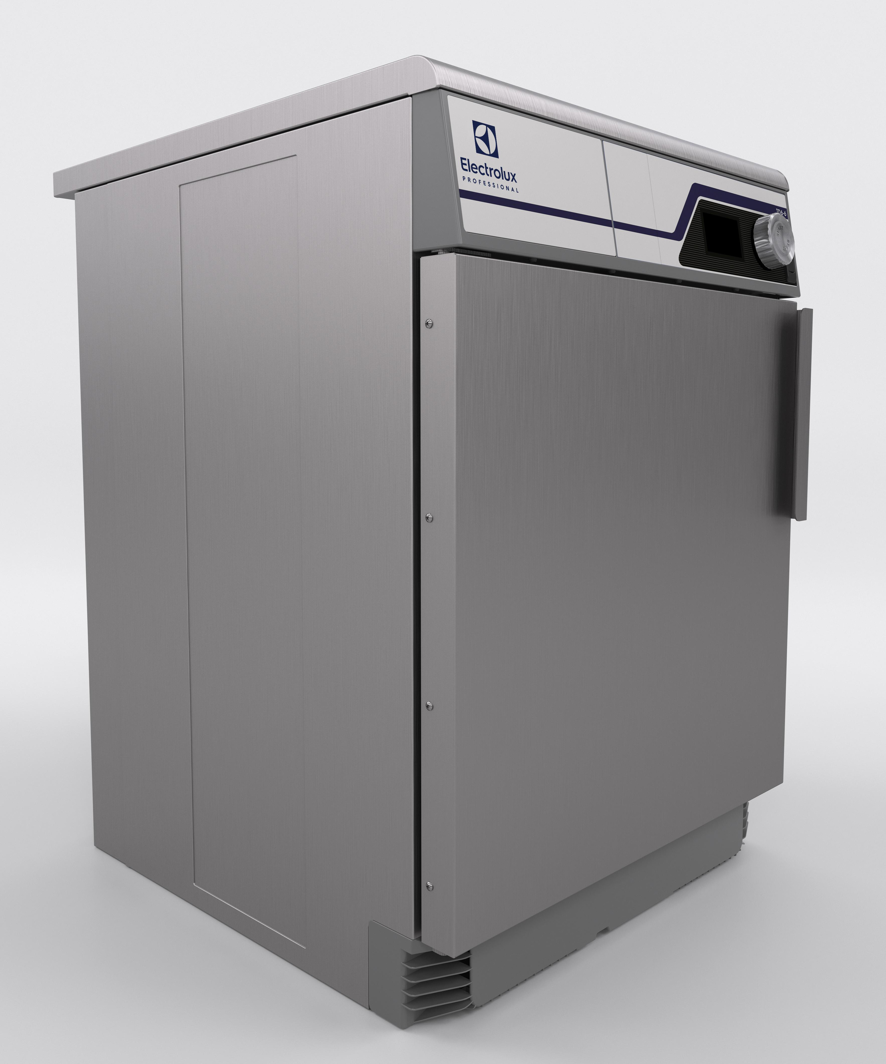 Ein silberner Electrolux Professional Geschirrspüler mit geschlossener Tür und Bedienelementen oben.