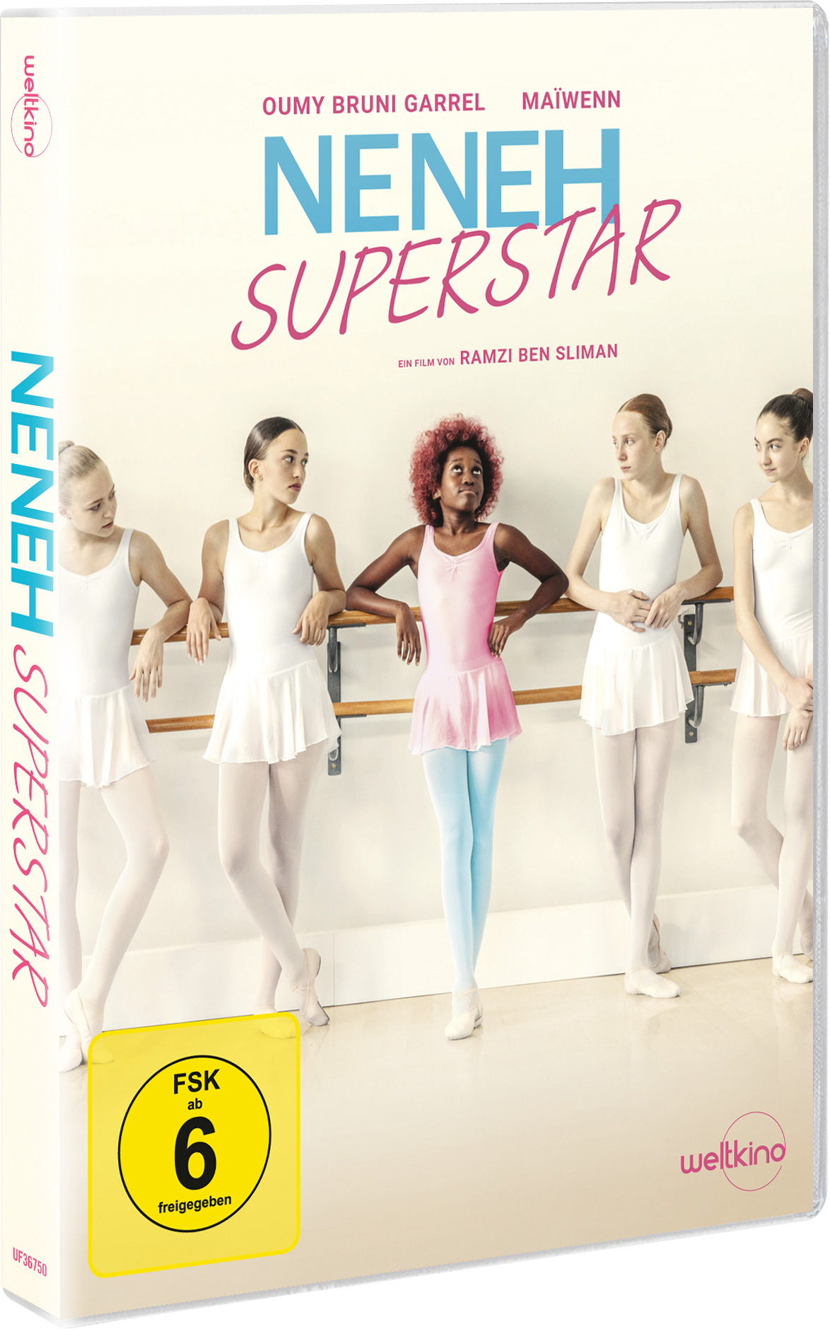 DVD-Cover für den Film 'Neneh Superstar', mit einer Gruppe Mädchen in Weiß und einem schwarzen Mädchen in Pink.