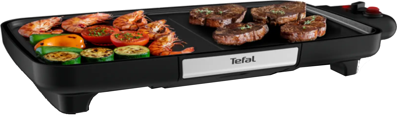 Gril électrique noir avec fruits de mer et viande grillés. Logo Tefal visible. Légumes sur le gril.