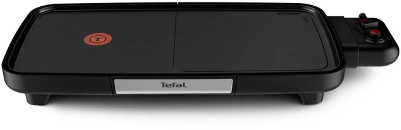 Une plancha électrique Tefal noire avec deux zones de cuisson et un cadran de contrôle de la température.