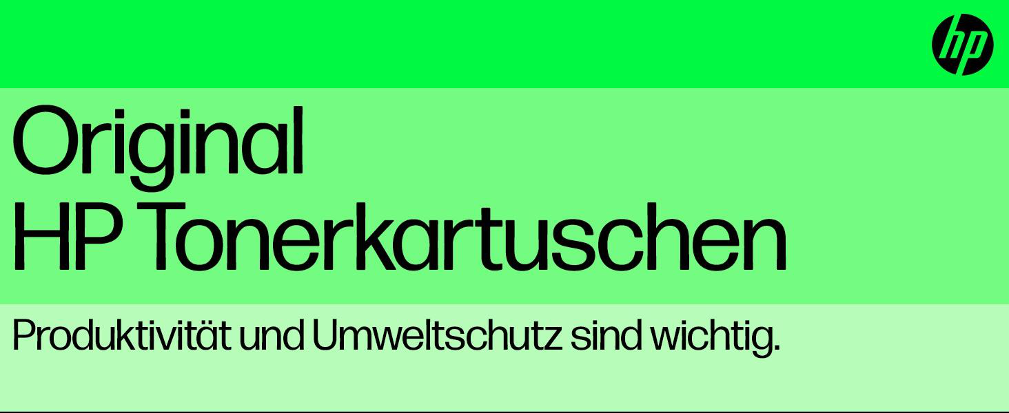 HP Tonerkartuschen mit Text: „Produktivität und Umweltschutz sind wichtig“.