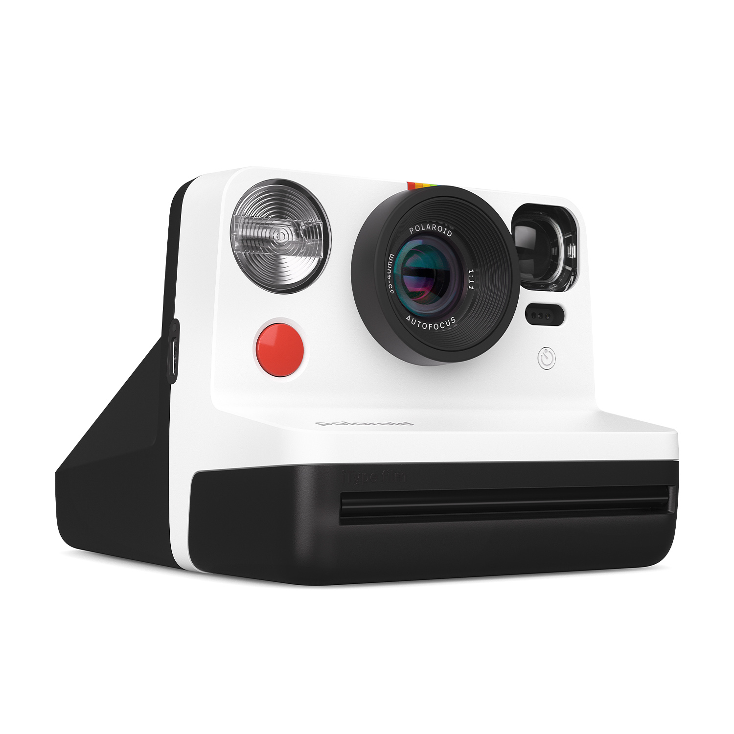 Una fotocamera Polaroid bianca e nera con un pulsante rosso e un flash.