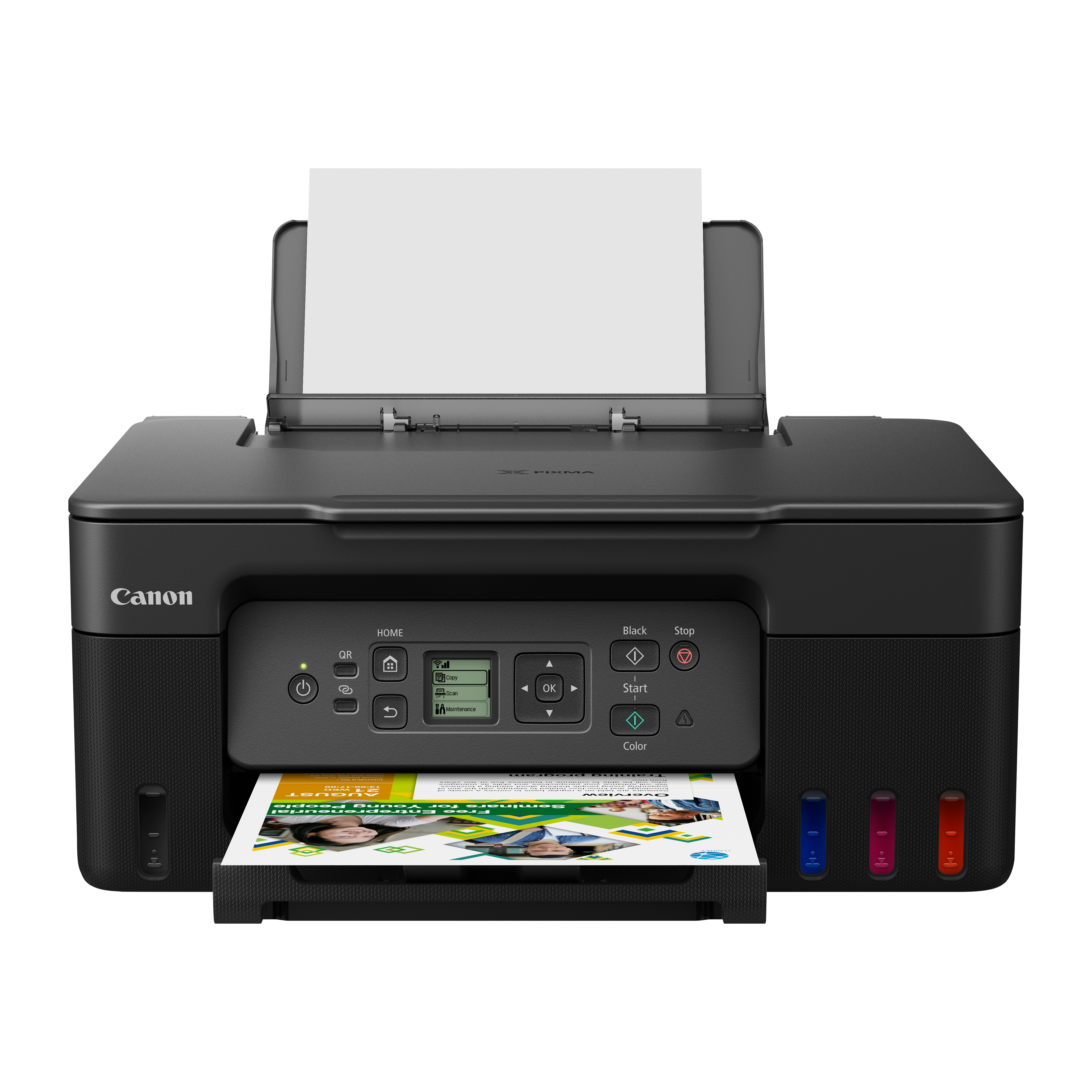 Black Canon printer with a paper tray, showing a printed document.