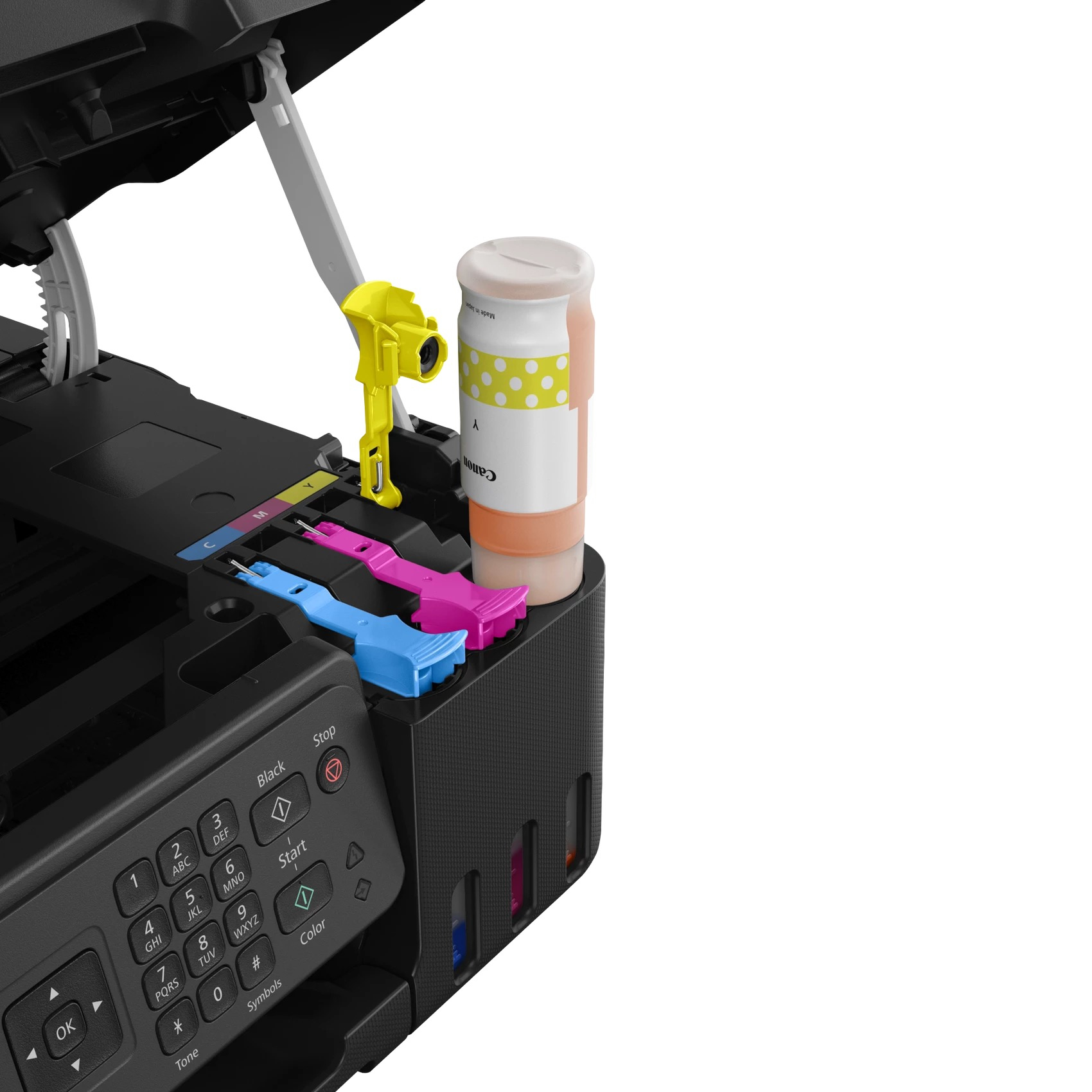 Offener schwarzer Tintenstrahldrucker mit Cyan- und Magenta-Tankpatronen und einer gelben Tintenflasche beim Nachfüllen.