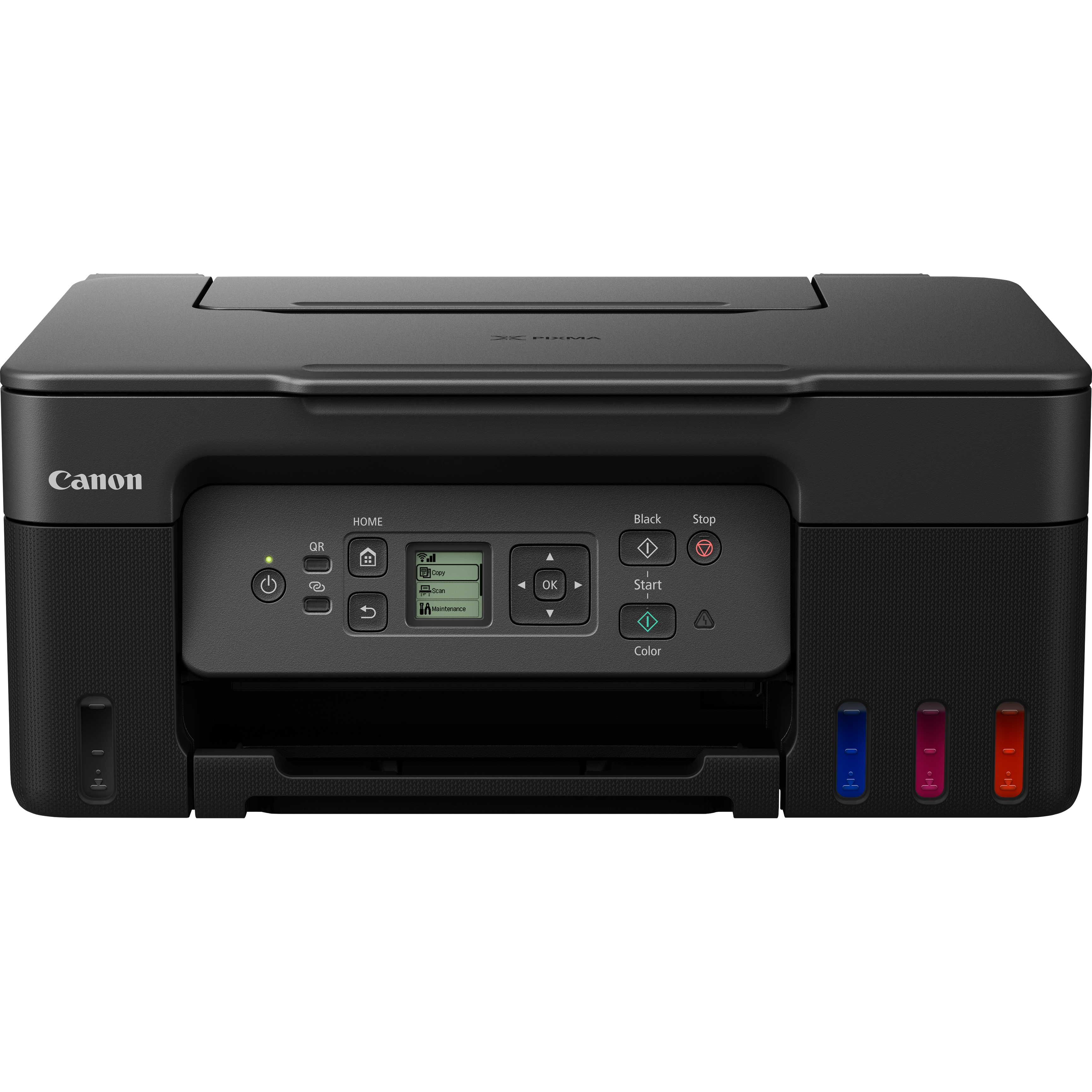 Schwarzer Canon PIXMA-Drucker mit Bedienfeld, Display und sichtbaren Tintenbehältern unten rechts.