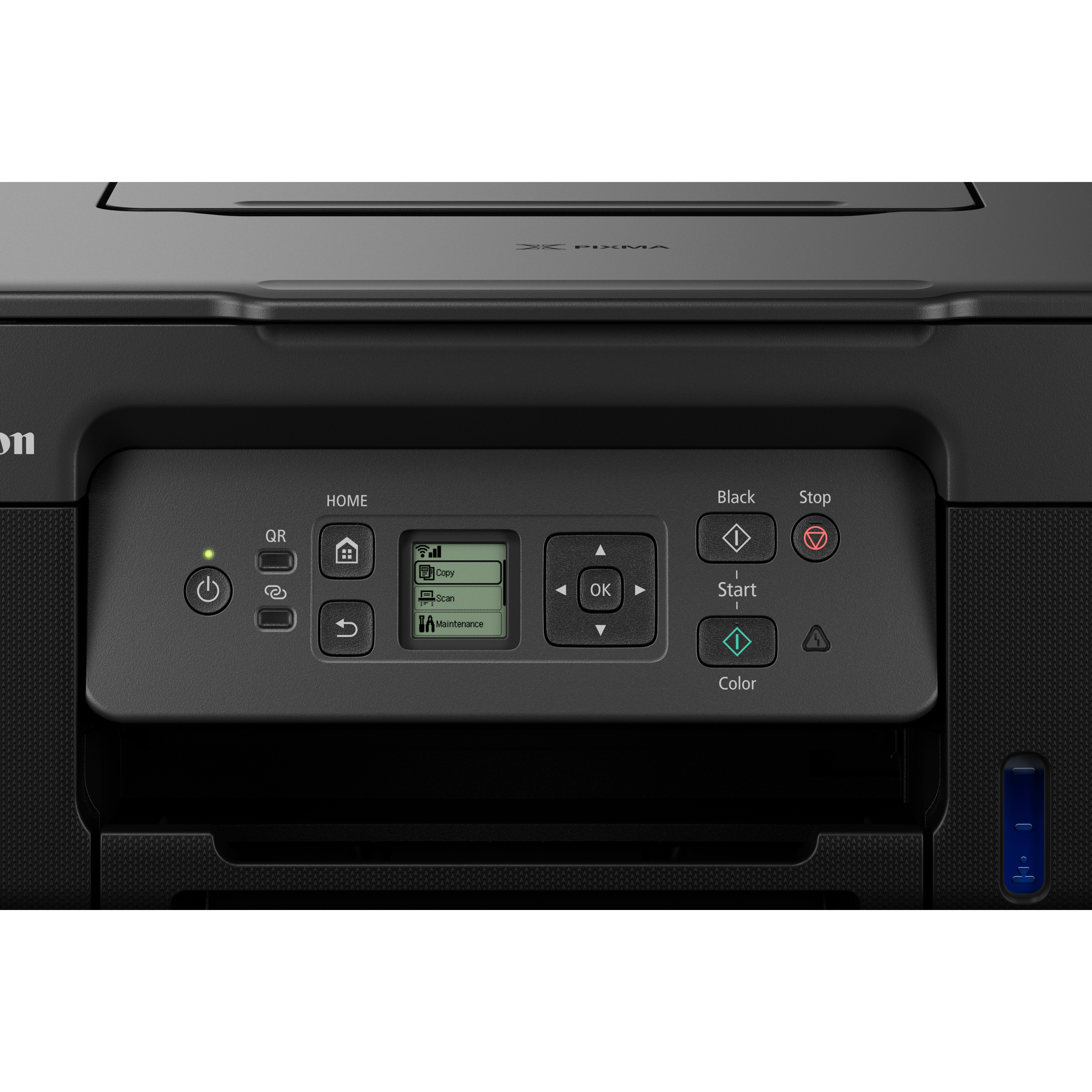 Bedienfeld eines schwarzen Canon-Druckers mit einem kleinen Monochrom-Display, Navigationstasten und Starttasten.
